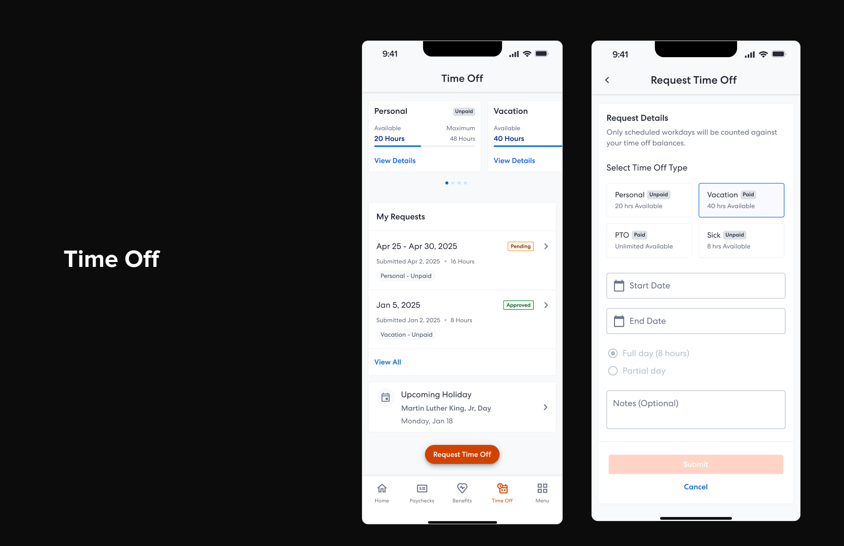 Time off screen with balances, calendar picker, and request status